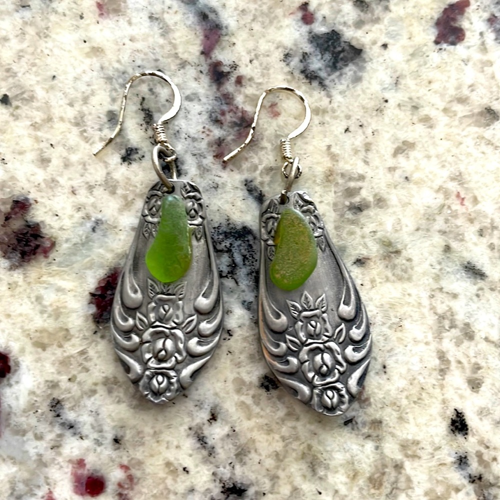 Spoon Earrings with Green Seaglass
